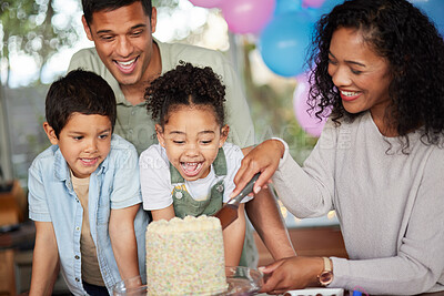 Buy stock photo Mother, kids and knife for cutting birthday cake, celebration and support with excited smile for eating in family home. Children, parents and together for food, dessert and sweets at event in house