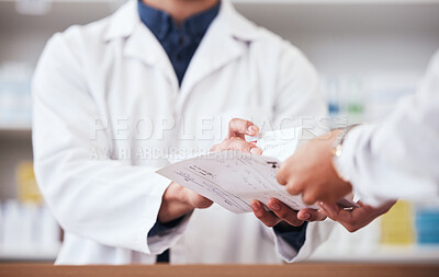 Buy stock photo Healthcare, pharmacy and prescription medicine in hand of customer with paper, box or rx medication. Closeup of pharmacist or medical staff with person for pharmaceutical product at retail drugstore