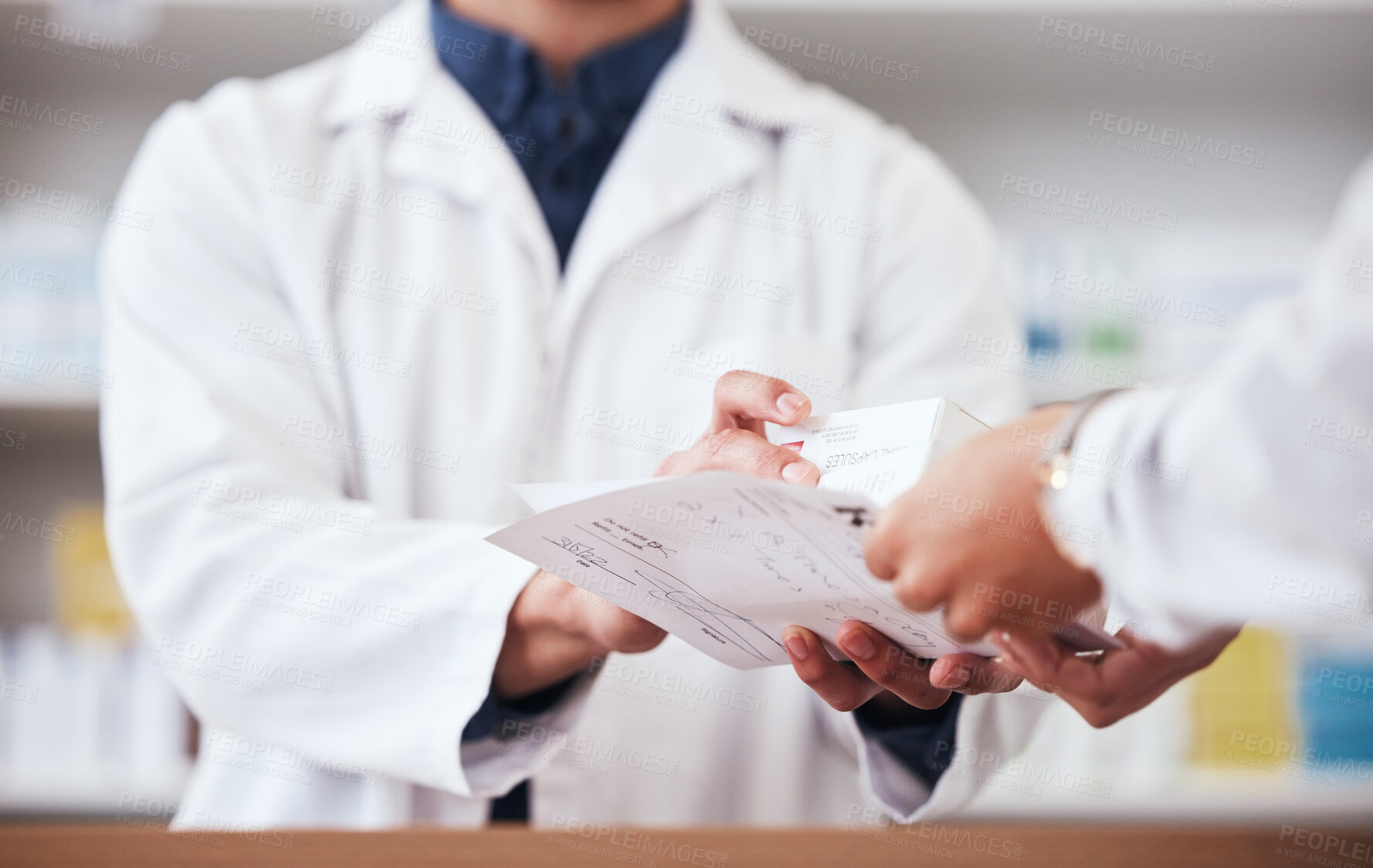 Buy stock photo Healthcare, pharmacy and prescription medicine in hand of customer with paper, box or rx medication. Closeup of pharmacist or medical staff with person for pharmaceutical product at retail drugstore