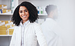 Pharmacy, healthcare and portrait of black woman for wellness, medicine and medical service. Dispensary, pharmaceutical and happy pharmacist in drug store for medication, consulting and medicare