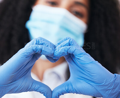 Buy stock photo Heart, hands and doctor at hospital with thank you, support and hope for medical recovery closeup. Zoom, love and healthcare female expert and emoji finger frame for help, care or gratitude at clinic