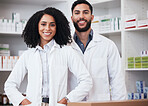 Pharmacy, teamwork and portrait of man and woman for medical service, medicine and wellness. Healthcare, pharmaceutical and happy pharmacists in drug store for medication, consulting and clinic care