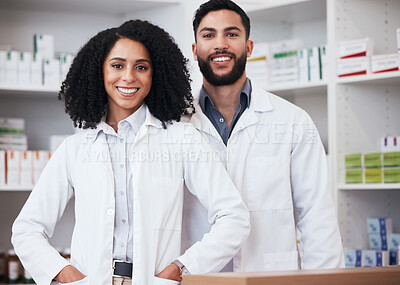 Buy stock photo Pharmacy, teamwork and portrait of man and woman for medical service, medicine and wellness. Healthcare, pharmaceutical and happy pharmacists in drug store for medication, consulting and clinic care