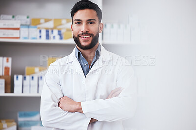 Buy stock photo Pharmacy, crossed arms and portrait of man for medical service, medicine and wellness. Healthcare, pharmaceutical and happy pharmacist in drug store for medication, consulting and clinic career