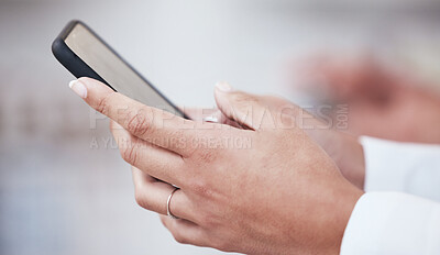 Buy stock photo Doctor hands, phone and typing for healthcare communication, networking and social media FAQ. Medical worker, person or pharmacist on mobile for telehealth, chat and contact us or internet search
