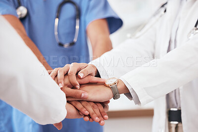 Buy stock photo Hospital, teamwork and hands of doctors in support of mission, help or group motivation for medical goal. Healthcare, trust or people together for team building, collaboration or faith and solidarity