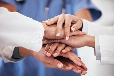 Buy stock photo Hospital, mission and hands of doctors in support of teamwork, help or motivation for medical goal. Healthcare, group or people together for team building, collaboration or trust, faith or solidarity