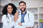 Pharmacy, teamwork and portrait of pharmacists for medical service, medicine and wellness. Healthcare, pharmaceutical and happy man and woman in drug store for medication, consulting and clinic care