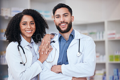 Buy stock photo Pharmacy, teamwork and portrait of pharmacists for medical service, medicine and wellness. Healthcare, pharmaceutical and happy man and woman in drug store for medication, consulting and clinic care