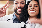 Pharmacy, peace sign and selfie portrait of pharmacists for social media, profile picture and clinic website. Healthcare, emoji and man and woman take photo for wellness, medicine and medical service