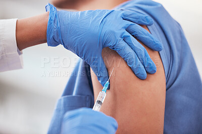 Buy stock photo Covid vaccine, needle and arm of patient with doctor at hospital for immunization treatment closeup. Nurse, hands and vaccination, shot or injection for person at clinic for compliance or prevention