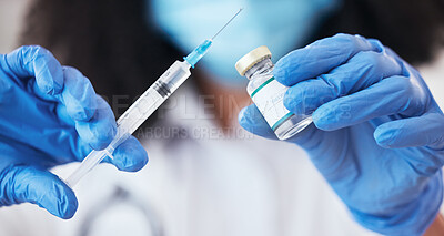 Buy stock photo Healthcare, hands and woman doctor with vaccine, vial and disease treatment or prevention at a hospital. Medicine, zoom and female nurse with medical solution for sickness, help and virus control
