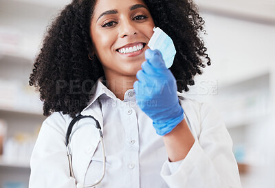 Buy stock photo Healthcare, portrait and doctor remove mask or medical worker with freedom, safety or smile. African person career in medicine with facial ppe for virus end, protection or professional hospital care