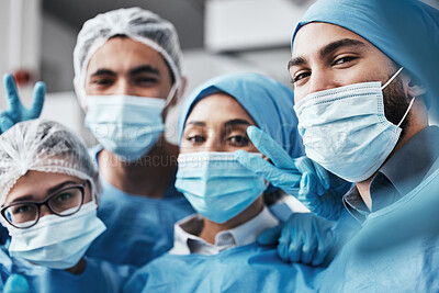 Buy stock photo Healthcare, teamwork and surgery, selfie in operating room in medical emergency at hospital. Face of doctor, nurses and surgical team taking picture in operation with ppe, face mask and scrubs.