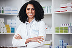 Pharmacy, crossed arms and portrait of black woman for wellness, medicine and medical service. Healthcare, pharmaceutical and happy pharmacist in drug store for medication, consulting and career