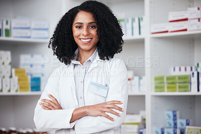 Buy stock photo Pharmacy, crossed arms and portrait of woman for wellness, medicine and medical service. Healthcare, pharmaceutical and pharmacist in drug store for medication, consulting and professional career
