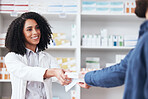 Pharmacist, woman and smile with customer service in store with healthcare and medical help. Pharmacy, happy and supplements information with a professional with client package in pharmaceutical shop