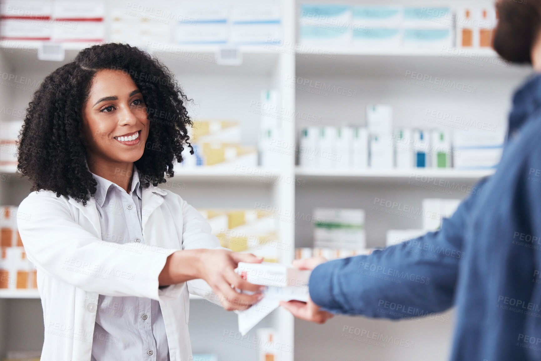Buy stock photo Pharmacist, woman and smile with customer service in store with healthcare and medical help. Pharmacy, happy and supplements information with a professional with client package in pharmaceutical shop