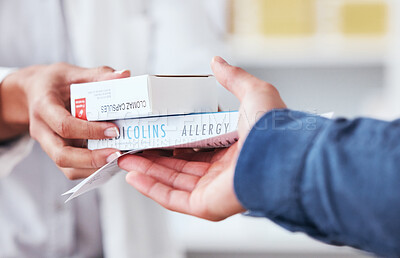 Buy stock photo Healthcare, pharmacy and medicine in hand of customer with pills, box or allergy medication. Closeup of pharmacist or medical staff with client person for pharmaceutical product at retail drugstore
