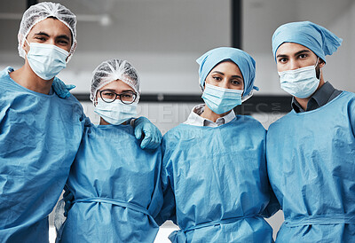 Buy stock photo Support, portrait and doctors with face mask for surgery, healthcare and work in theater. Together, hospital and group of surgeons with a hug for medical collaboration, teamwork and cardiology