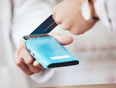 Buy stock photo Credit card, hands and health payment in a store with cashier, machine and customer in a pharmacy. Shop, commerce and electronic sale with pay at POS with finance transaction and purchase at checkout