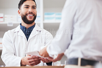 Buy stock photo Pharmacist, man and smile with customer service in store with healthcare and medical help. Pharmacy, happy and supplements information with a male professional with package in pharmaceutical shop