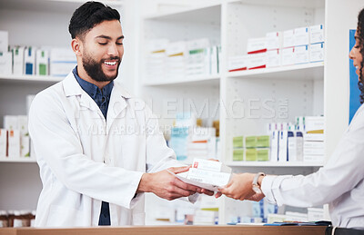 Buy stock photo Pharmacist, man and smile with customer pills payment in store with healthcare and medical help. Pharmacy, happy and supplements information with a professional with package in pharmaceutical shop