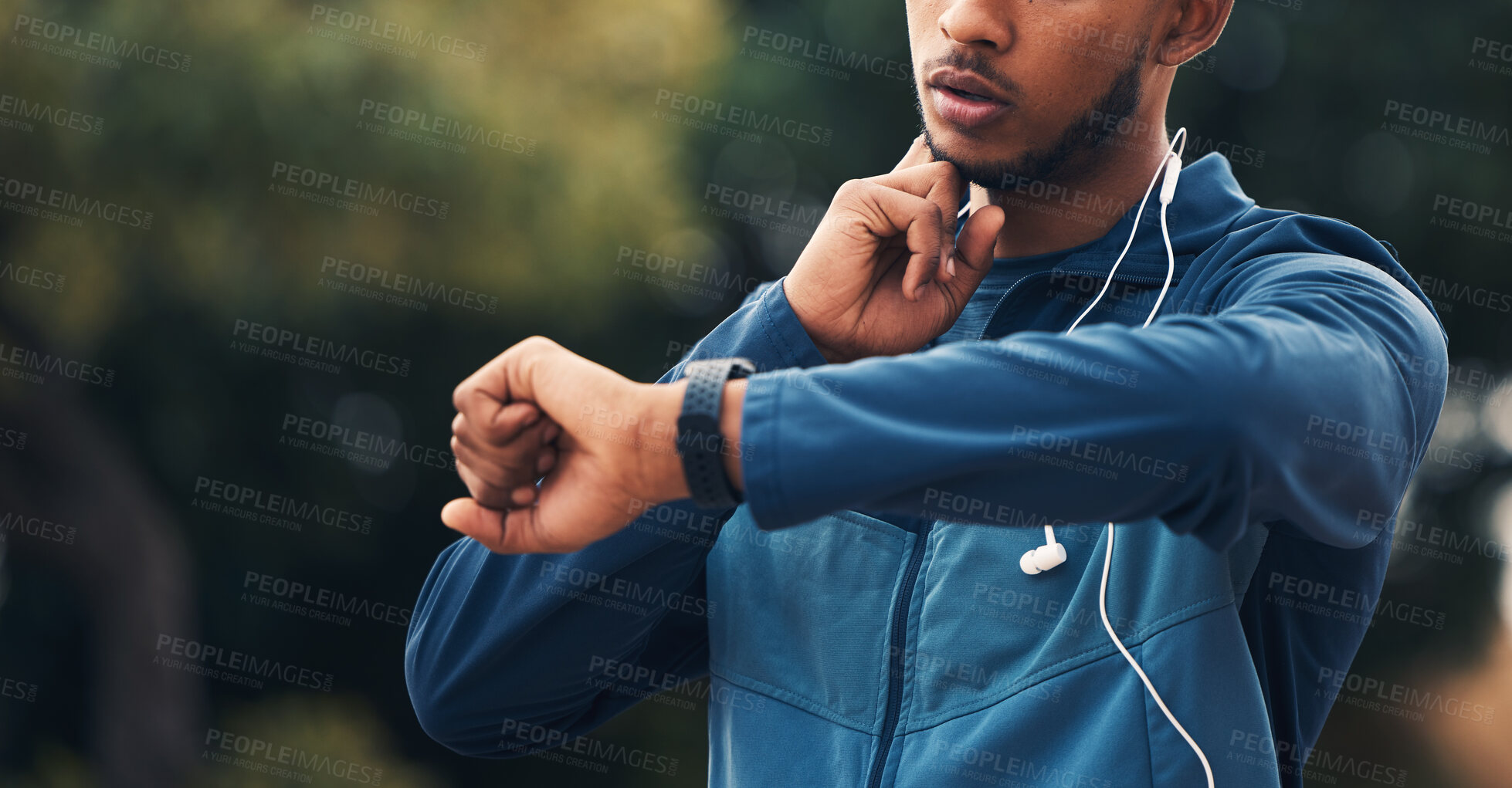 Buy stock photo Hand, fitness and watch for pulse with a man runner outdoor in nature for cardio or endurance training. Exercise, time and heart rate with a young athlete in the forest to workout for health closeup