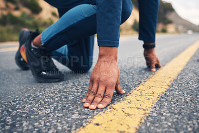 Buy stock photo Hands, running and a man at the start of his road workout for cardio training in preparation of a marathon. Fitness, line and a male runner or athlete getting ready for a challenge on the street