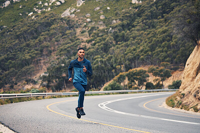 Buy stock photo Runner man, sprint and mountain in street, nature and exercise for speed, fitness and thinking. Athlete guy, fast running and road on hill for workout, training and sports for health in countryside