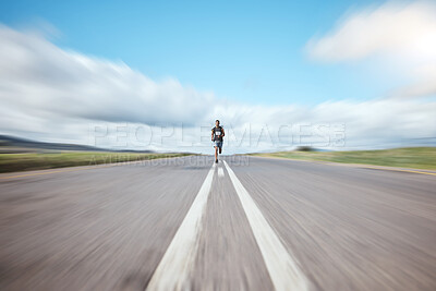 Buy stock photo Fitness, energy and man runner in road for competition, running or workout in countryside. Sports, race and male athlete in street for training, exercise or speed, resilience or performance challenge