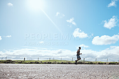 Buy stock photo Marathon runner, fitness and man on road outdoor, cardio or healthy body. Athlete training, sport and exercise in competition, workout energy or race on street in wellness at countryside mockup space