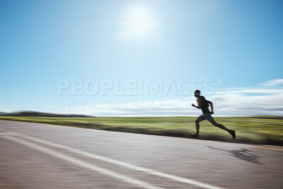 Buy stock photo Runner blur, fast and man on road outdoor, cardio or healthy body fitness. Athlete speed, sprint or exercise in competition, workout training or race on street in wellness at countryside mockup space