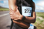 Arm injury, marathon runner and person massage bruise problem, muscle ache or sore anatomy risk from exercise challenge. Joint pain, closeup and athlete hurt from running accident, training or cardio