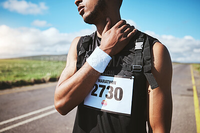 Buy stock photo Neck pain, marathon runner and person with injury problem, muscle ache or medical emergency crisis from outdoor exercise. Bad joint, burnout or athlete hurt from running accident, training or workout