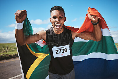 Buy stock photo Portrait, exercise and flag of South Africa with a man runner on a street in nature for motivation or success. Fitness, winner and health with an athlete cheering during cardio or endurance training