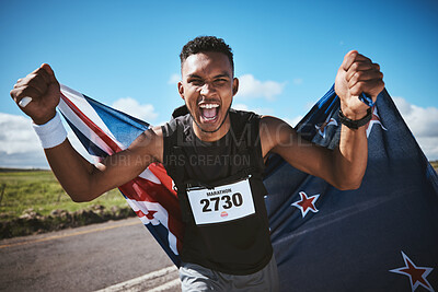 Buy stock photo Portrait, fitness and flag of New Zealand with a man runner on a road for motivation or success at a race. Winner, health or celebration with an athlete cheering during cardio training or competition