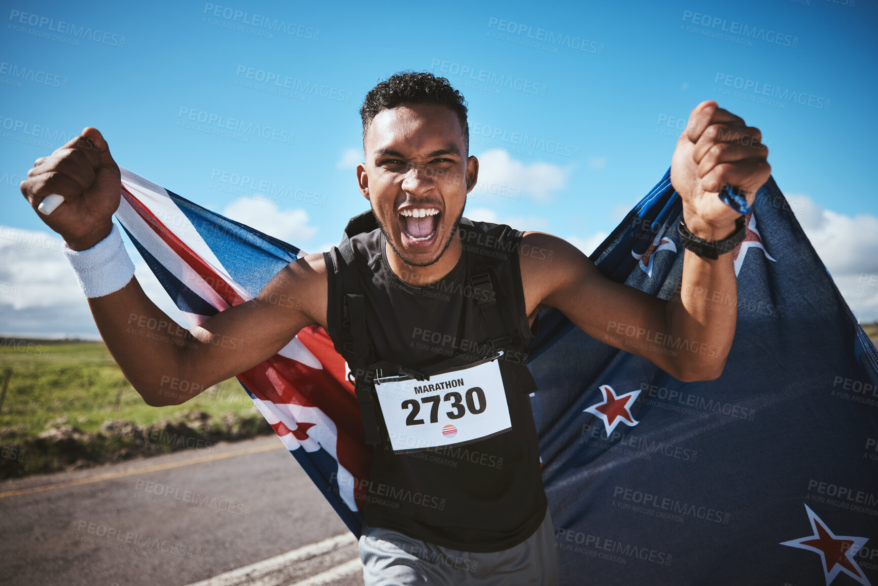 Buy stock photo Portrait, fitness and flag of New Zealand with a man runner on a road for motivation or success at a race. Winner, health or celebration with an athlete cheering during cardio training or competition