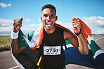 Portrait, fitness and flag of South Africa with a man runner on a street in nature for motivation or success. Face, winner and health with a male athlete cheering during cardio or endurance training
