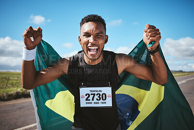 Buy stock photo Portrait, sports and flag of Brazil with a man runner on a street in nature for motivation or success. Fitness, winner and celebration with an athlete cheering during a cardio or endurance workout