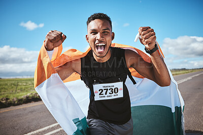 Portrait, fitness and flag of India with a man runner on a street in nature for motivation or success. Sports, winner and health with a male athlete cheering during cardio or endurance training