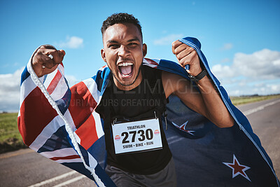 Buy stock photo Portrait, training and flag of New Zealand with a man runner on a street in nature for motivation or celebration. Sports, winner and success with an athlete cheering for cardio or endurance training