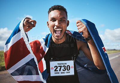 Buy stock photo Portrait, exercise and flag of New Zealand Africa with a man runner training in nature for motivation or success. Sports, winner and health with an athlete cheering during cardio or endurance