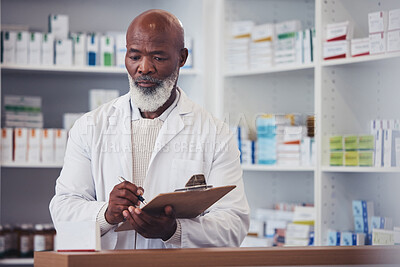 Buy stock photo Pharmacy, clipboard and mature black man writing notes of product description, medical drugs information or clinic stock take. List, pills and African pharmacist doing store inventory of supplements