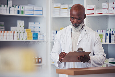Buy stock photo Pharmacy, pharmacist and clipboard, medicine checklist and pharmaceutical supply chain for healthcare and product inventory. Medical worker, senior black man and stock check for database and supplier