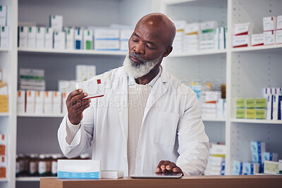 Buy stock photo Black man, pharmacist and pill box with healthcare, prescription and tablet with medication boxes. Person, pharmacy and professional with inventory, drugstore and medicine with information and tech