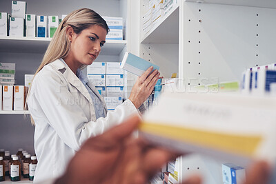 Buy stock photo Medicine box, pharmacy and woman reading product label, package information or search shop shelf. Pharmacist, drugs pills and person check pharmaceutical for client help, service or customer support