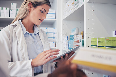 Buy stock photo Tablet, clinic woman and pharmacist reading, typing and search hospital database for product, pills or medicine. Pharmacy shop, online research and health expert check pharmaceutical supplements info