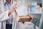 Pharmacy, hands and prescription medicine for customer with paper bag for healthcare, drugs and pharmaceutical. Closeup of a pharmacist or medical worker with person in drugstore for retail service 
