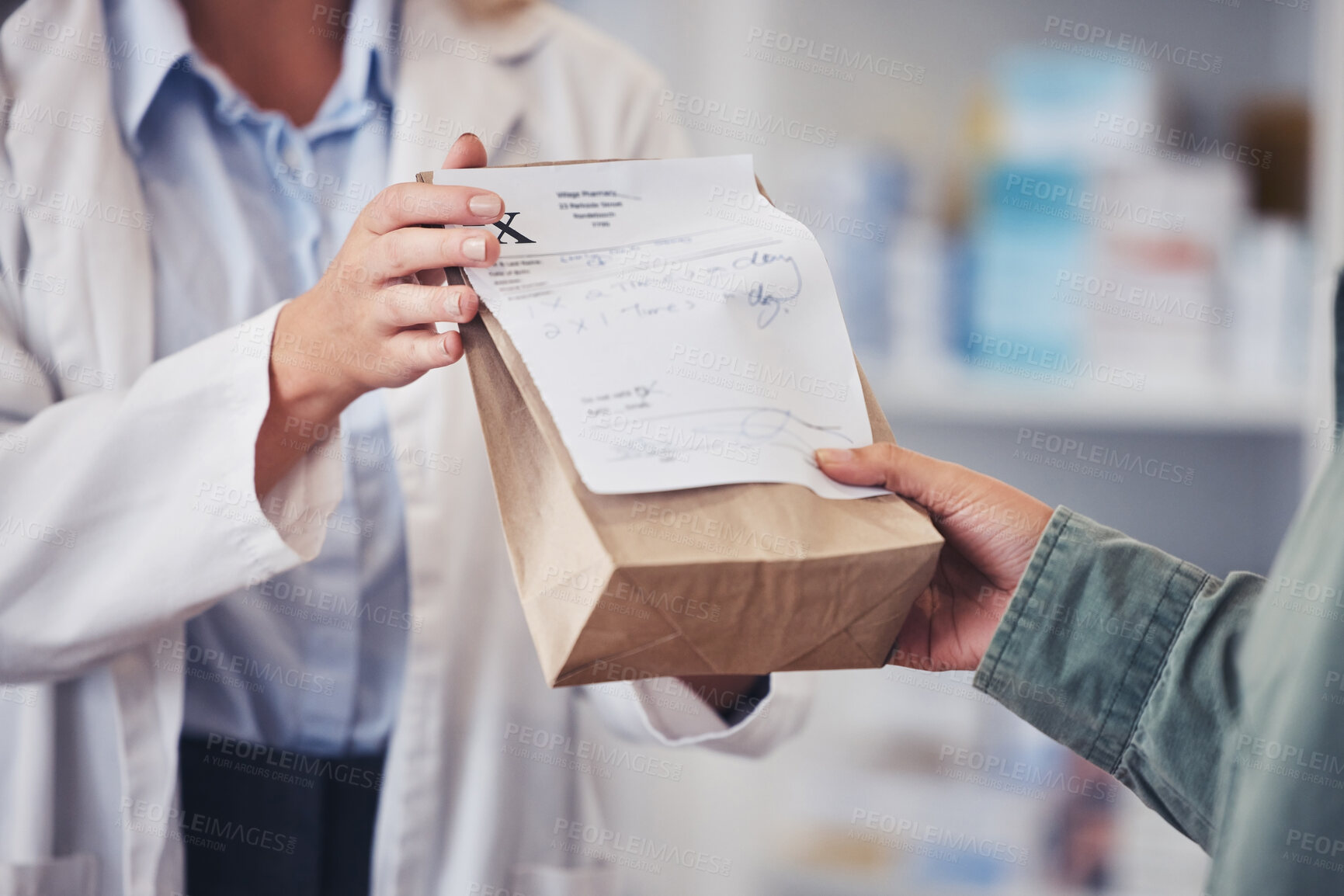 Buy stock photo Pharmacy, hands and prescription medicine for customer with paper bag for healthcare, drugs and pharmaceutical. Closeup of a pharmacist or medical worker with person in drugstore for retail service 
